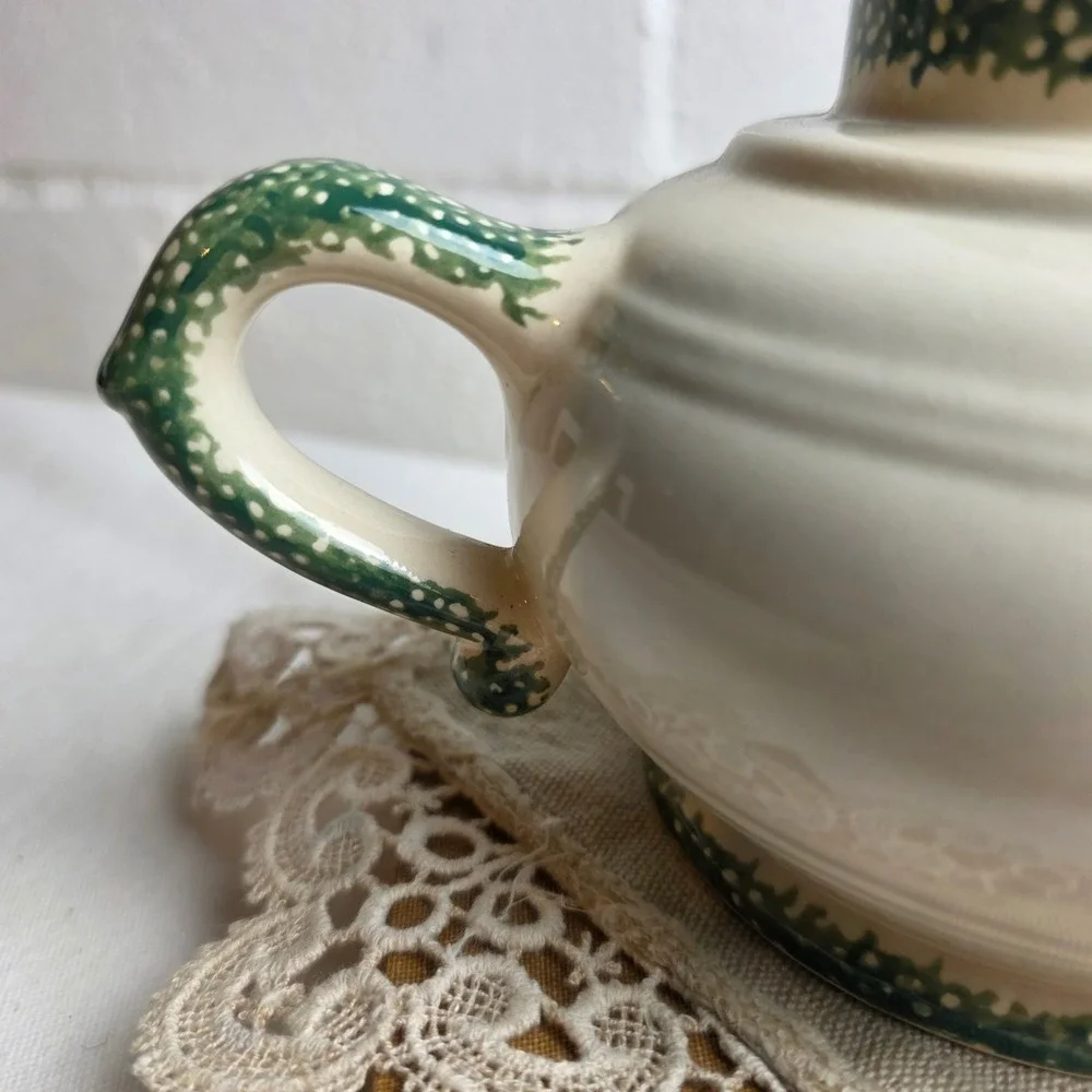 Vintage Ceramic Apple Candle Holder Double Handle Farmhouse Speckled Cream Green